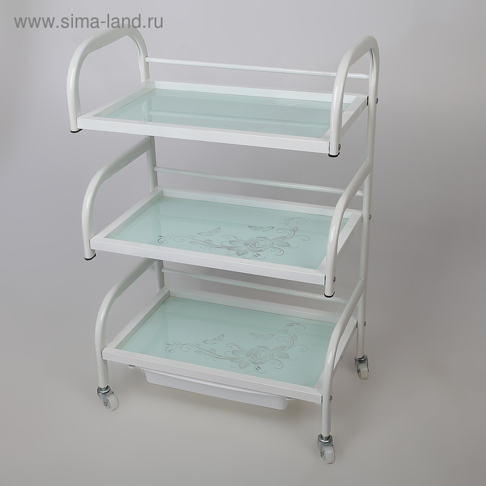 Столик косметолога 52×32×80, на колеса×, 3 полки, цвет белый (РИСУНОК НА СТЕКЛЕ МИКС)