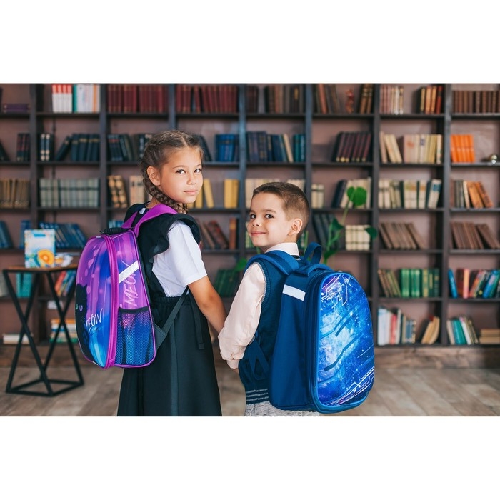 Рюкзак каркасный школьный, 37 х 28 х 19 см, Calligrata К Рюкзак каркасный школьный, 37 х 28 х 19 см, Calligrata К "Крутой космос", синий