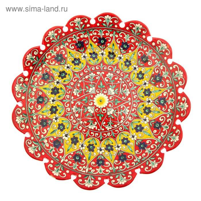 Ляган Риштанская Керамика "Цветы", 41 см, жёлтый микс, рифлённый