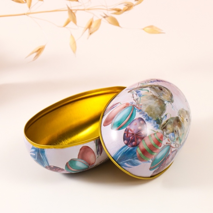 Шкатулка металл яйцо  Шкатулка металл яйцо "Два пасхальных зайчика" 7х6,5х11 см