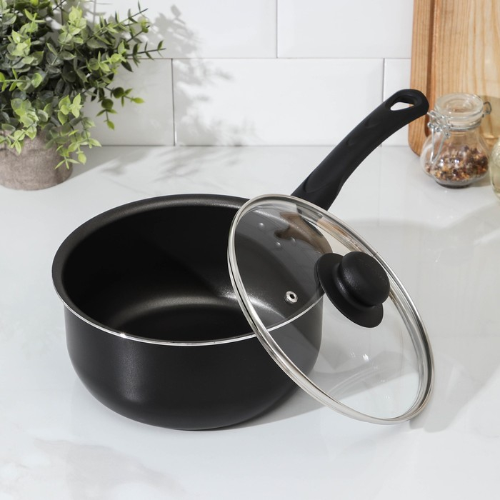 Ковш Consul, 2,7 л, стеклянная крышка, пластиковая ручка, антипригарное покрытие, цвет чёрный Ковш Consul, 2,7 л, стеклянная крышка, пластиковая ручка, антипригарное покрытие, цвет чёрный