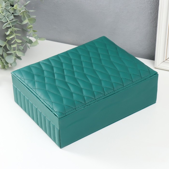 Шкатулка кожзам для украшений  Шкатулка кожзам для украшений "Ромбики. На кнопке" зелёная 7,5х24,5х18,5 см