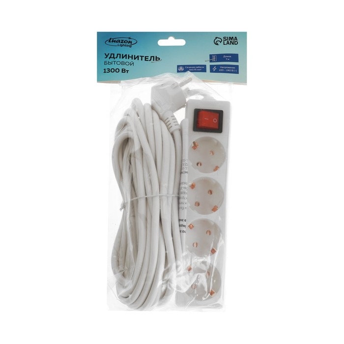 Удлинитель Luazon Lighting, 4 розетки, 7 м, 6 А, 1300 Вт, 3х0.75 мм2, с з/к, с выкл., Б Удлинитель Luazon Lighting, 4 розетки, 7 м, 6 А, 1300 Вт, 3х0.75 мм2, с з/к, с выкл., Б