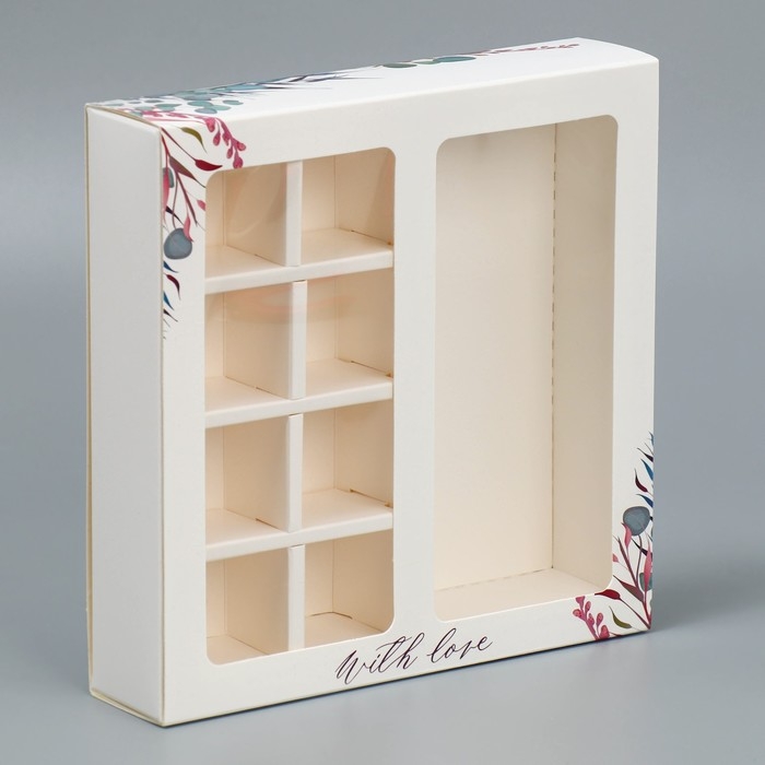 Коробка под 8 конфет и шоколад с ячейками, кондитерская упаковка, With Love 18 х 18 х 4 см Коробка под 8 конфет и шоколад с ячейками, кондитерская упаковка, With Love 18 х 18 х 4 см