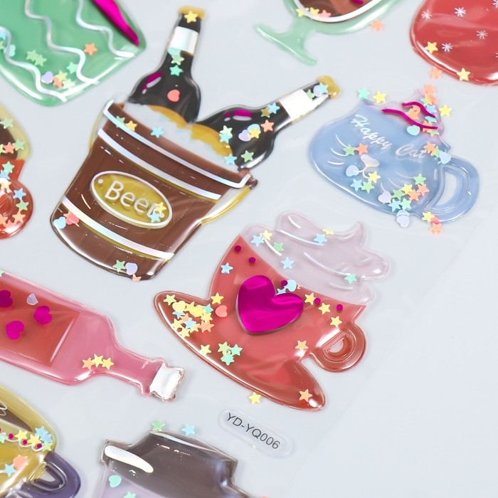 Наклейка пластик объёмные с глиттером Наклейка пластик объёмные с глиттером "Напитки/Десерты" золото/серебро МИКС