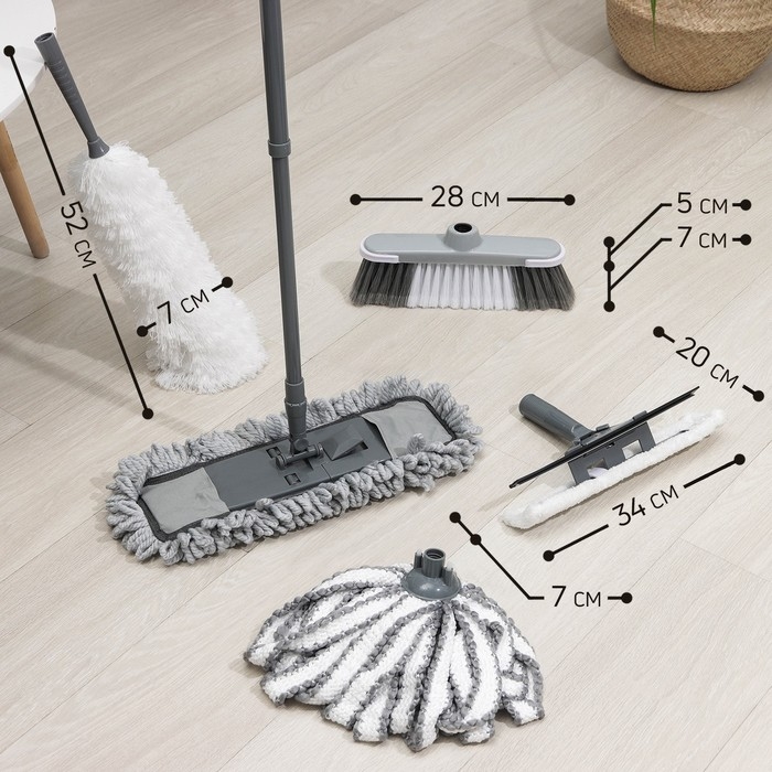 Комплект для уборки Raccoon «Универсальный», 6 предметов: насадка моп, флаундер для швабры с насадкой, метла, окномойка, щётка для пыли и черенок. Комплект для уборки Raccoon «Универсальный», 6 предметов: насадка моп, флаундер для швабры с насадкой, метла, окномойка, щётка для пыли и черенок.