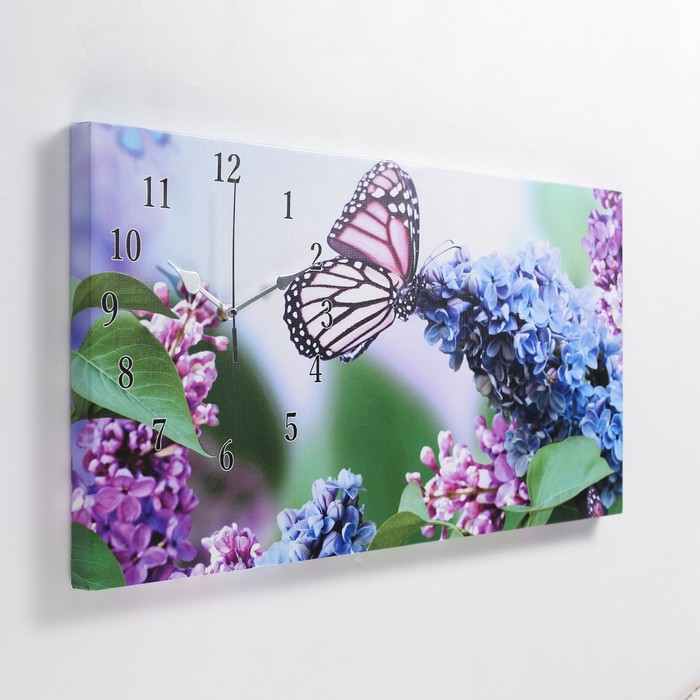 Часы-картина настенные, на холсте, интерьерные "Сирень и бабочка", бесшумные, 40 х 76 см