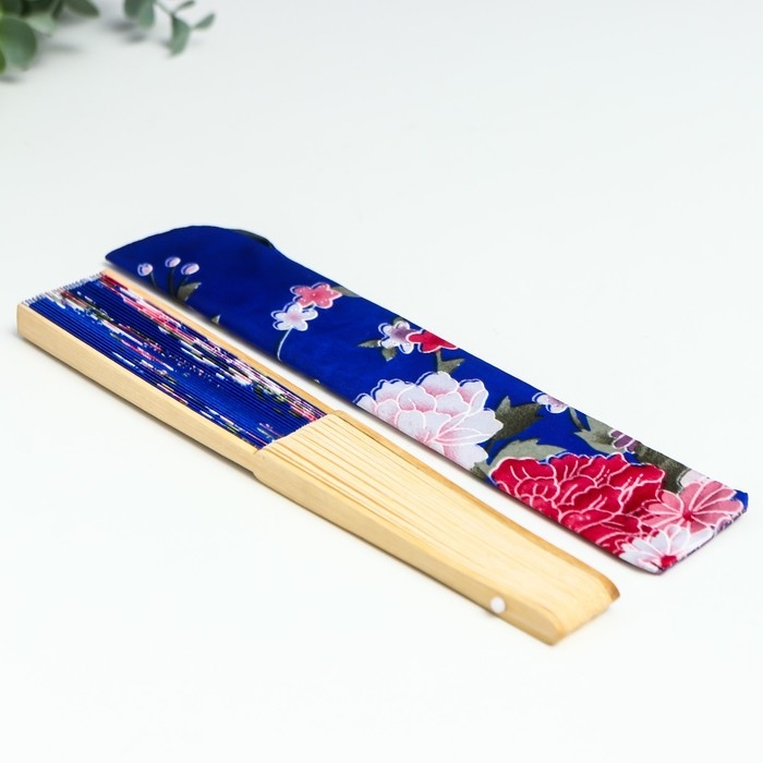 Веер бамбук, текстиль h=21 см  Веер бамбук, текстиль h=21 см "Цветы" с чехлом, синий