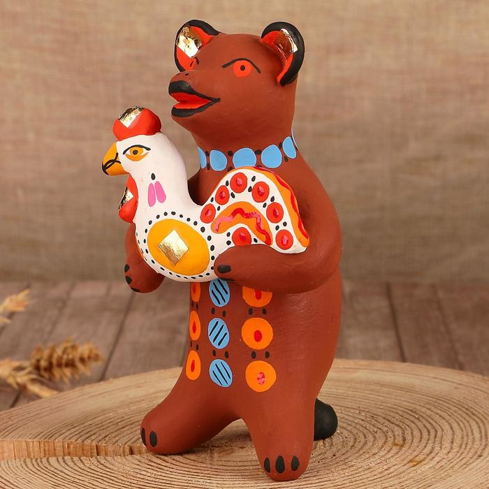 Дымковская игрушка  Дымковская игрушка "Медведь с цветком, с петухом, с гармонью", 11 см,  микс