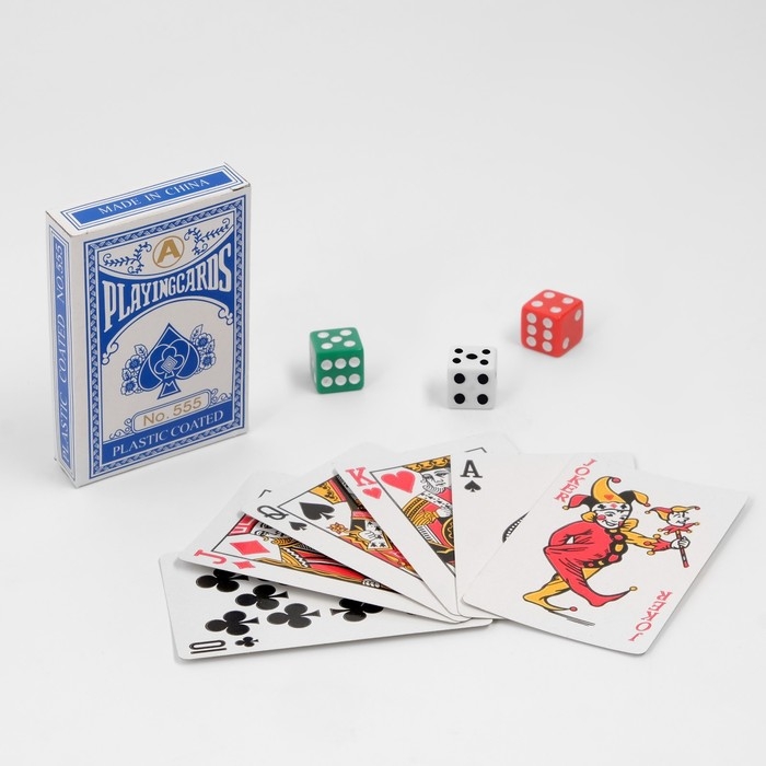 Покер, набор для игры: 3 кубика, 1.5 х 1.5 см, карты 54 шт, 5.5 х 10.5 см Покер, набор для игры: 3 кубика, 1.5 х 1.5 см, карты 54 шт, 5.5 х 10.5 см