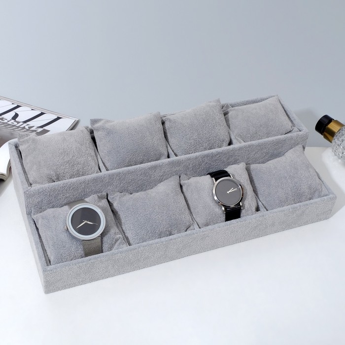 Подставка для часов, браслетов Queen fair, флок, 8 мест, 33×16×3,5 см, цвет серый Подставка для часов, браслетов Queen fair, флок, 8 мест, 33×16×3,5 см, цвет серый