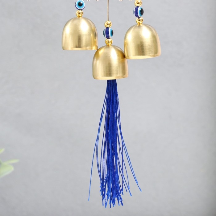 Музыка ветра металл Музыка ветра металл "Звезда, два месяца и солнце" синий, от сглаза 3 колокольчика 27 см