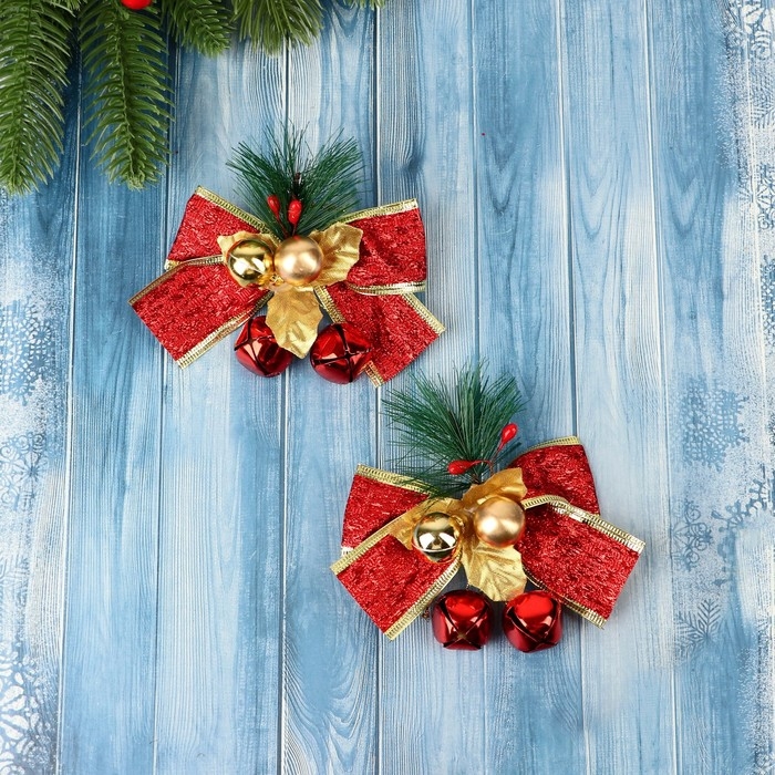 Украшение ёлочное Украшение ёлочное "Зимнее чудо" (набор 2 шт) бантик блеск шарики, 11х7 см, красный