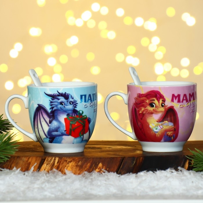 Подарочный набор новогодний из керамики «Мама, папа, с Новым годом!», кружка 180 мл. 2 шт., ложка 2 шт., цвет белый