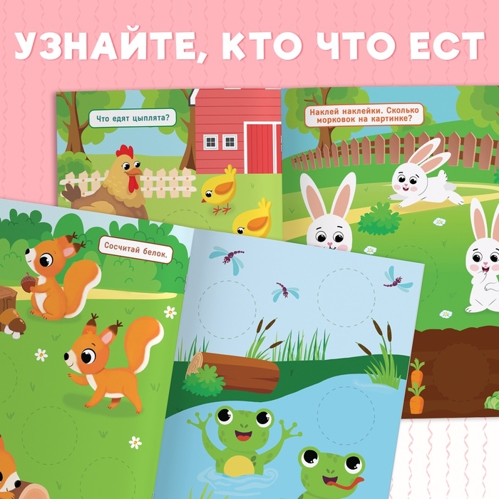 Книжка с наклейками «Большие кружочки. У кого что на обед?», 30 стикеров Книжка с наклейками «Большие кружочки. У кого что на обед?», 30 стикеров