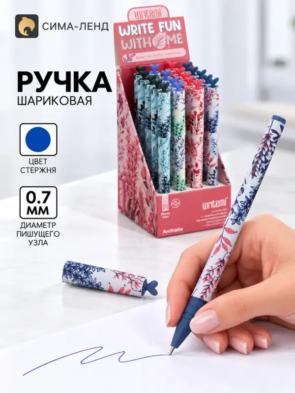 Ручка шариковая 0.7 мм синяя масляная, Vinson корпус софт-тач с рисунком