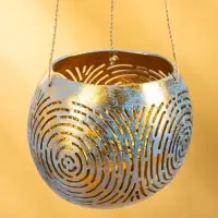 Подсвечник подвесной из кокоса, 12×12×8.5 см, голубой-золотой