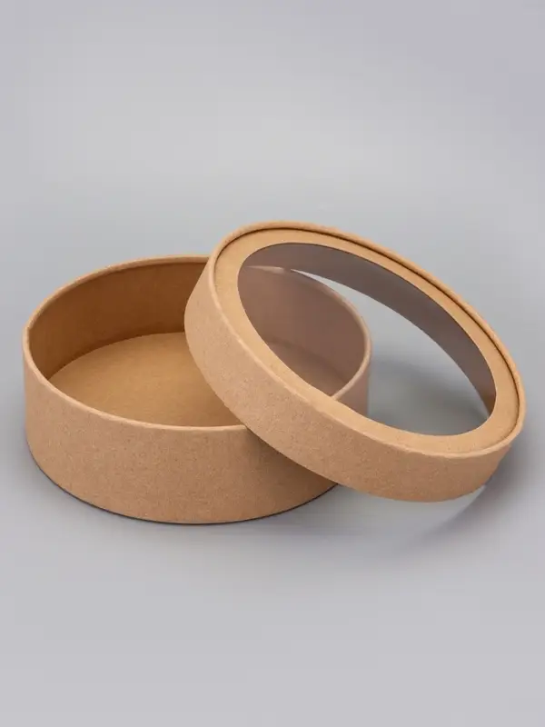 Набор круглых подарочных коробок, завальцованные с окном, крафт, набор 8 шт. , 18×6 см