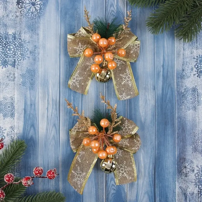 Ёлочные игрушки 2 шт. &laquo;Зимнее волшебство. Композиция на бантике&raquo; пластик, ягодки, 13&times;15 см