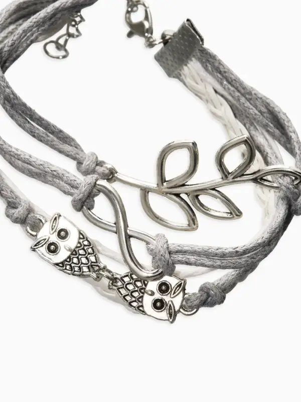 Браслет кожаный &laquo;Совы, веточка и знак бесконечности&raquo;, L=20 см, 5 нитей, белый, серый