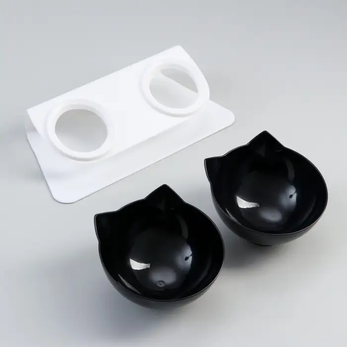 Миски, 27.5&times;14&times;15 см, 2 шт., на белой подставке, пластик, чёрные