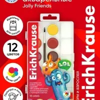 Акварель 12 цветов, ErichKrause Jolly Friends, с палитрой и кистью, твёрдый пластик, европодвес