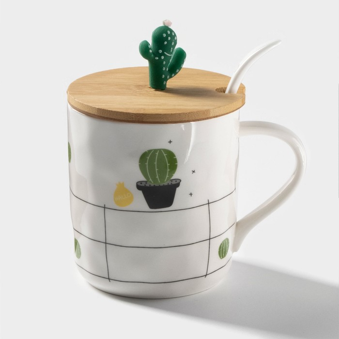 Кружка керамическая с деревянной крышкой и ложкой &laquo;Кактус&raquo;, 380 мл, цвет МИКС
