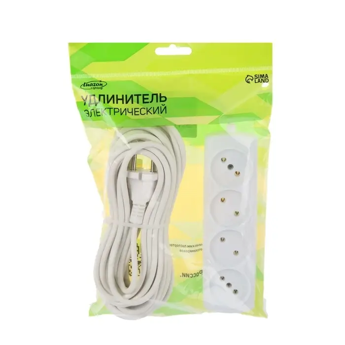 Удлинитель сетевой Luazon Lighting ECO, 4 розетки, 10 м, 10 А, 2200 Вт, без заземления, белый
