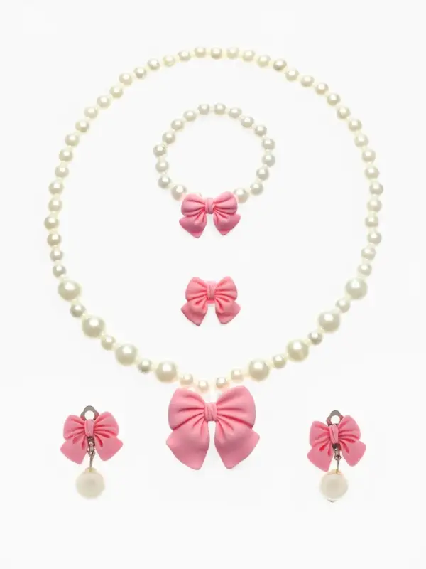 Набор детских украшений Выбражулька &laquo;Бант&raquo;, 4 предмета: кулон, браслет d=6 см кольцо, клипсы, бело-розовый