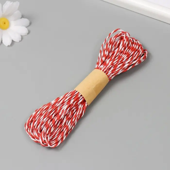 Пряжа 100% целлюлоза "Softino Raffia Color Melange" кручёная, красно-белая 10м