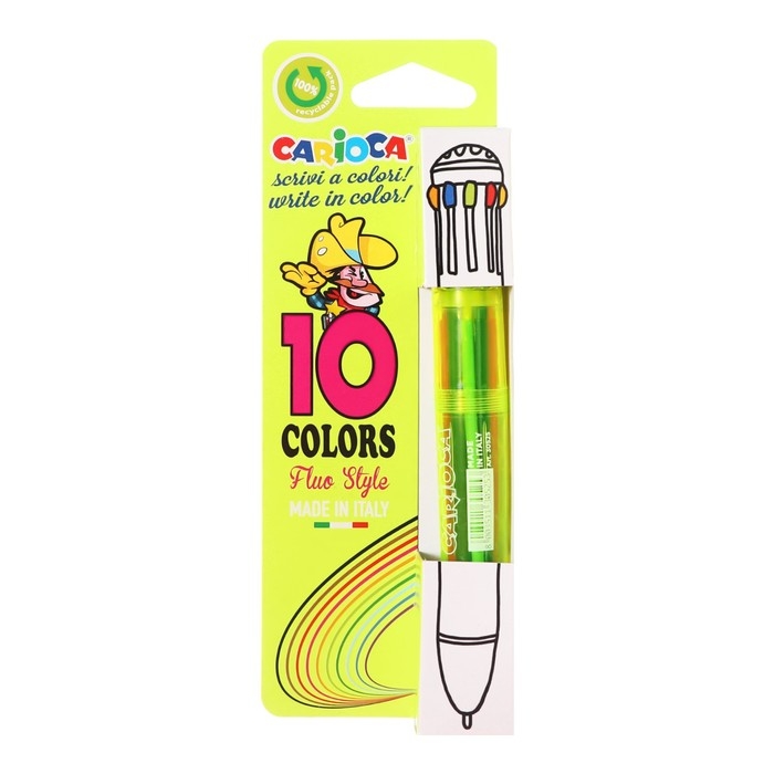 Ручка шариковая автоматическая, 10 цветов, Ручка шариковая автоматическая, 10 цветов, "Carioca" "Fluo", узел 1.0 мм, флуоресцентная палитра, микс