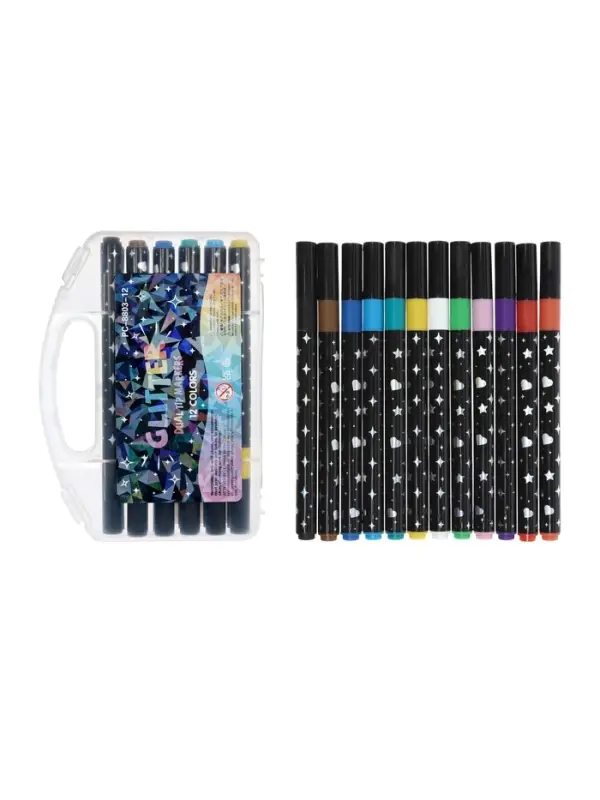 Фломастеры 12 цветов с блестками, в пластиковой коробке