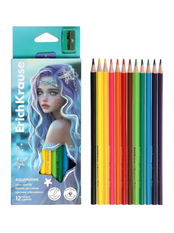 Карандаши 12 цветов, ErichKrause Aquamarine, пластиковые, трехгранные, с точилкой