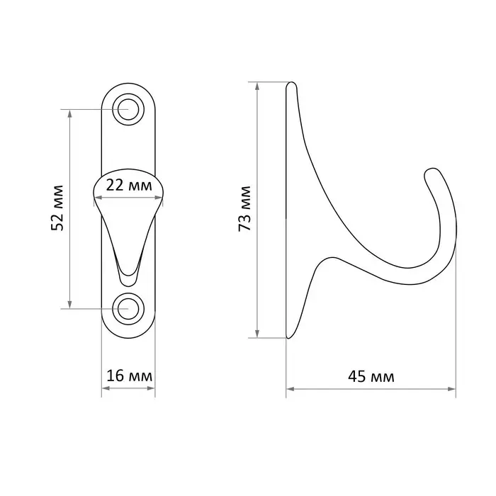 Крючок мебельный ТУНДРА TKO024, однорожковый, хром, 2 шт.