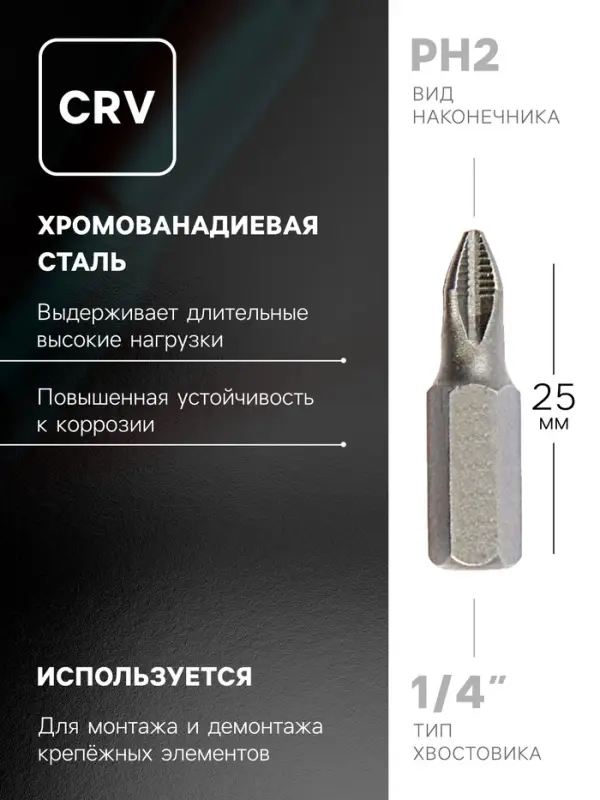 Биты ТУНДРА, намагниченные, сталь CrV, PH2 х 25 мм, 2 шт. Биты ТУНДРА, намагниченные, сталь CrV, PH2 х 25 мм, 2 шт.