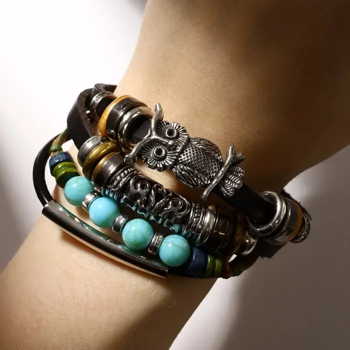 Браслет кожаный &laquo;Сова и ряд бусин&raquo;, d=9 см, чёрный