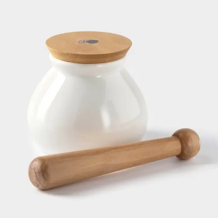 Ступка для специй BellaTenero, 380 мл, с пестиком, на бамбуковой подставке, фарфор, белая