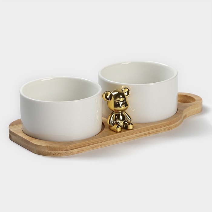 Набор соусников керамических на деревянной подставке «Стильный Мишка», 3 предмета: 2 соусника 120 мл, подставка Набор соусников керамических на деревянной подставке «Стильный Мишка», 3 предмета: 2 соусника 120 мл, подставка