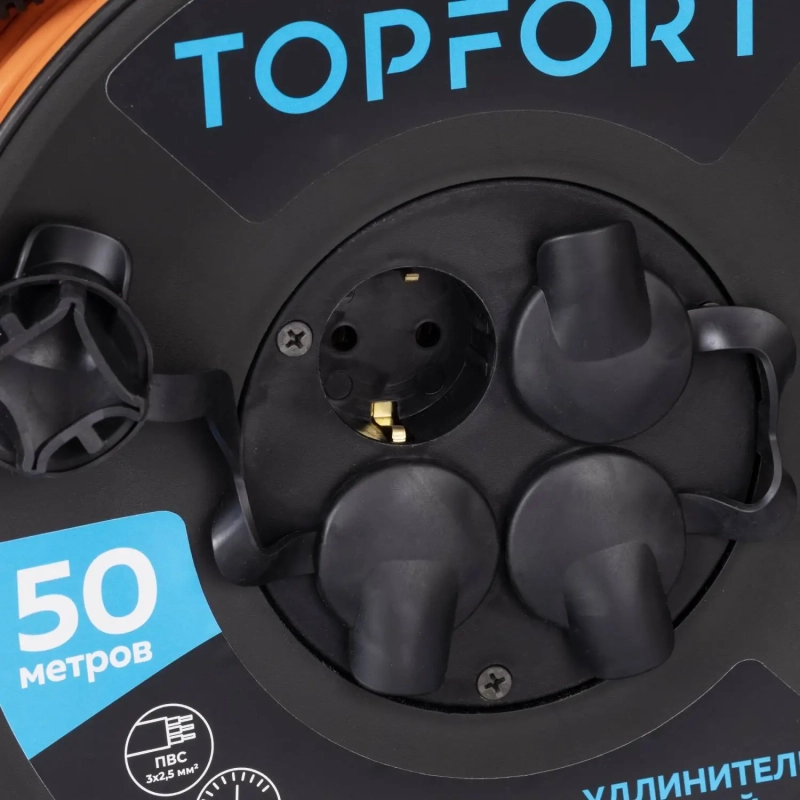 Удлинитель Topfort ПВС 3х2,5кв.мм, 50м на пласт.катушке, 4 роз. с/з, IP44