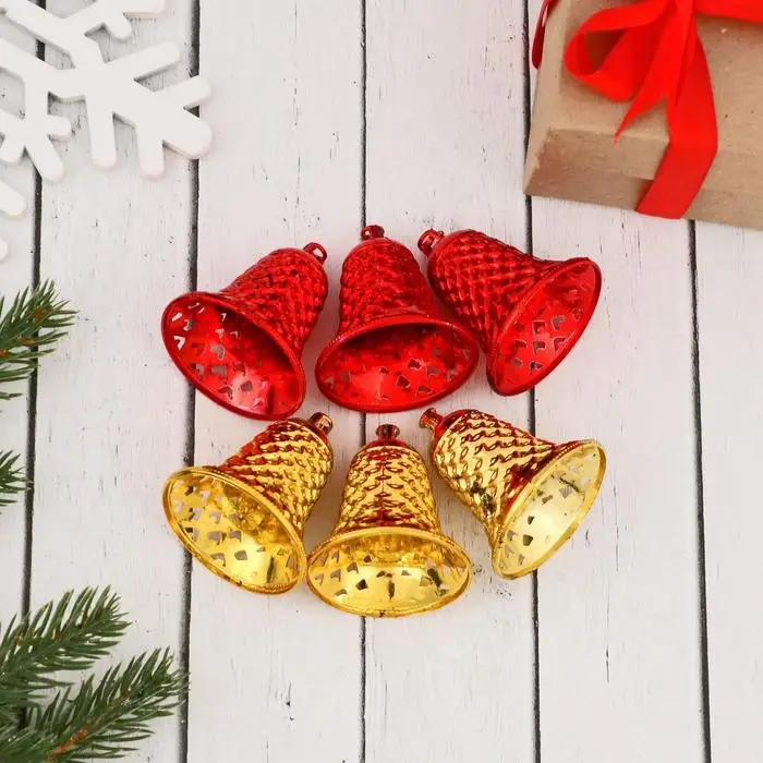 Ёлочные игрушки 6 шт. «Зимнее волшебство. Колокольчики ребристые» пластик, 4.5×4 см, красный золото Ёлочные игрушки 6 шт. «Зимнее волшебство. Колокольчики ребристые» пластик, 4.5×4 см, красный золото