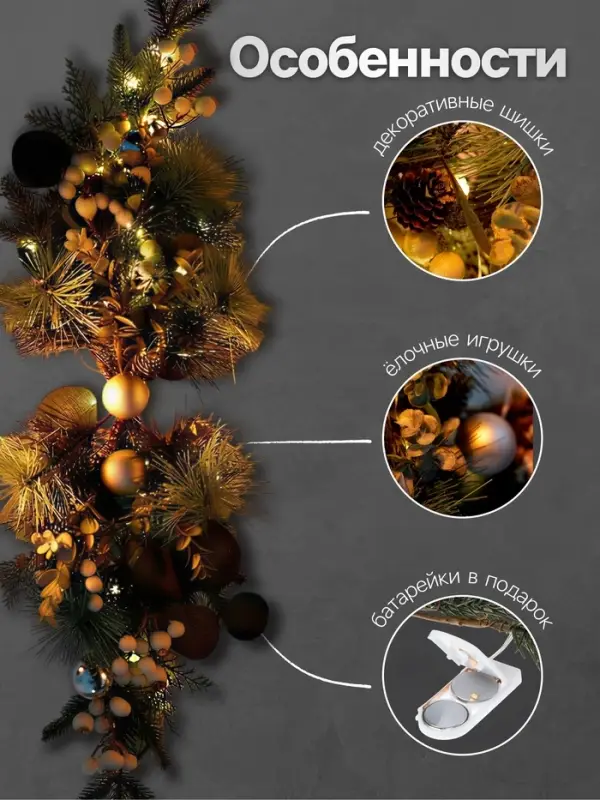 Декор настенный &laquo;Снежноягодник&raquo;, 72&times;20 см, 18 LED, от батареек CR2032&times;2, свечение тёплое белое