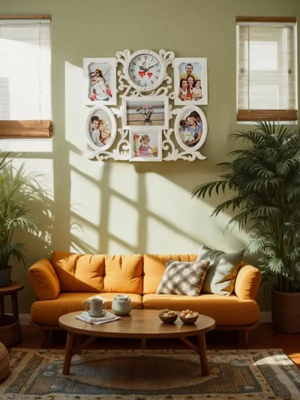 Фоторамка - коллаж на 6 фото с часами настенными Family, бесшумные, 45&times;37 см, d=11.5 см