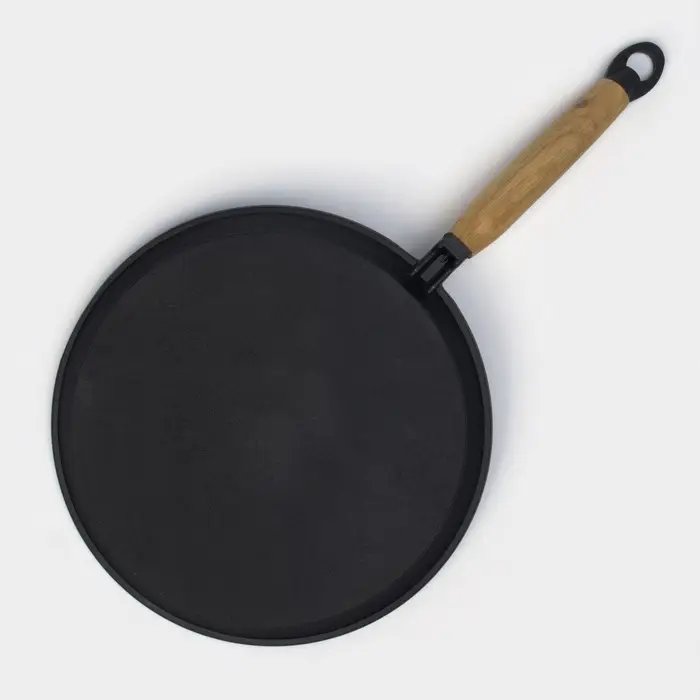 Сковорода блинная литая Magma, d=24 см, h=1.5 см, деревянная ручка, индукция, чугун, чёрная