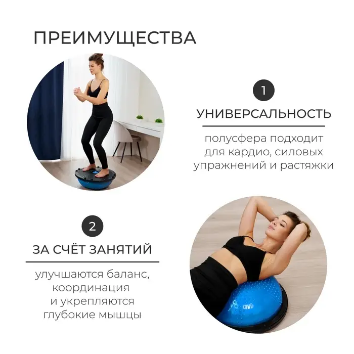 Полусфера BOSU гимнастическая ONLYTOP, массажная, с насосом, 46&times;20 см, синяя