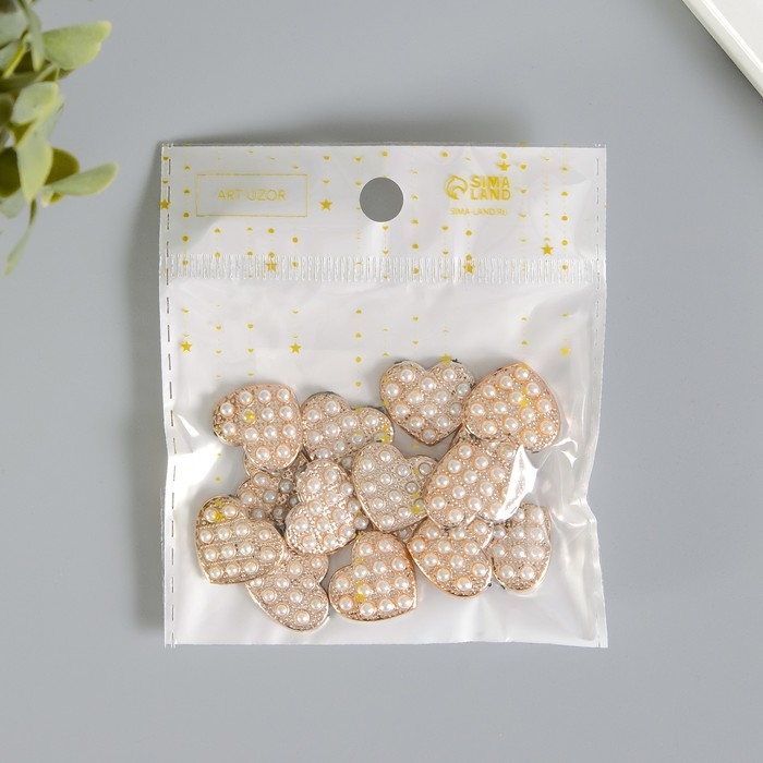 Декор для творчества пластик Декор для творчества пластик "Золотое сердце в жемчужинках" набор 15 шт 1,7х1,5 см