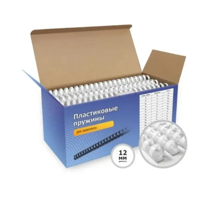 Пружины для переплета пластиковые, d=12 мм, 100 штук, сшивают 56-91 лист, белые, Гелеос