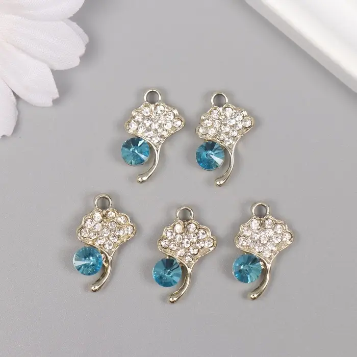 Декор для творчества металл, стразы Декор для творчества металл, стразы "Листок с росой" золото, голубой 2,1х1,3х0,5 см