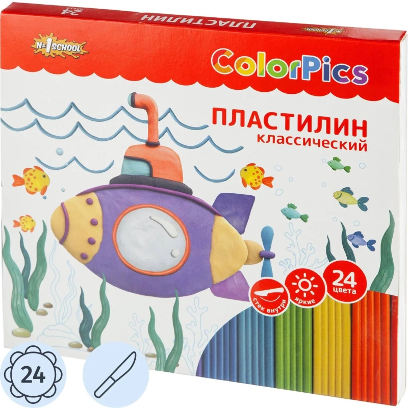 Пластилин клас.Комус Класс(№1 School)ColorPics 24 цв 480г,со стеком,картон