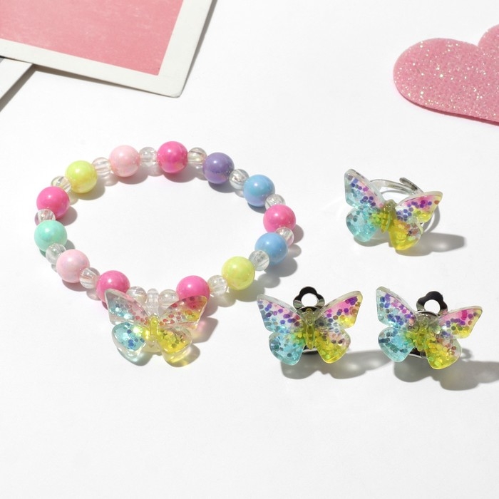 Набор детский «Выбражулька» 3 предмета: клипсы, браслет, кольцо, бабочка, цветной Набор детский «Выбражулька» 3 предмета: клипсы, браслет, кольцо, бабочка, цветной