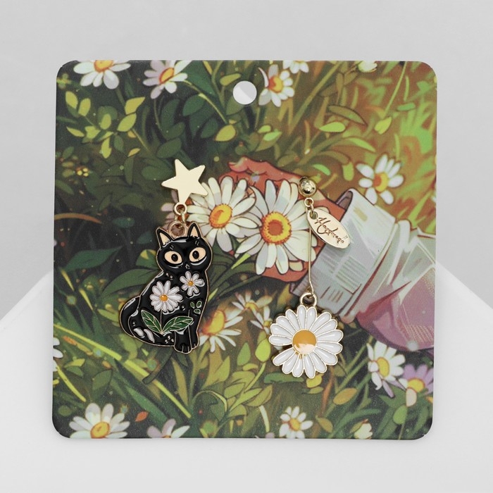 Серьги эмаль «Волшебство» кот и цветок, цветные в золоте Серьги эмаль «Волшебство» кот и цветок, цветные в золоте